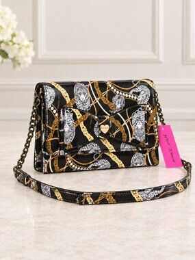 Betsey Johnson Black Leopard Chain Print Bow Crossbody Bag NWT